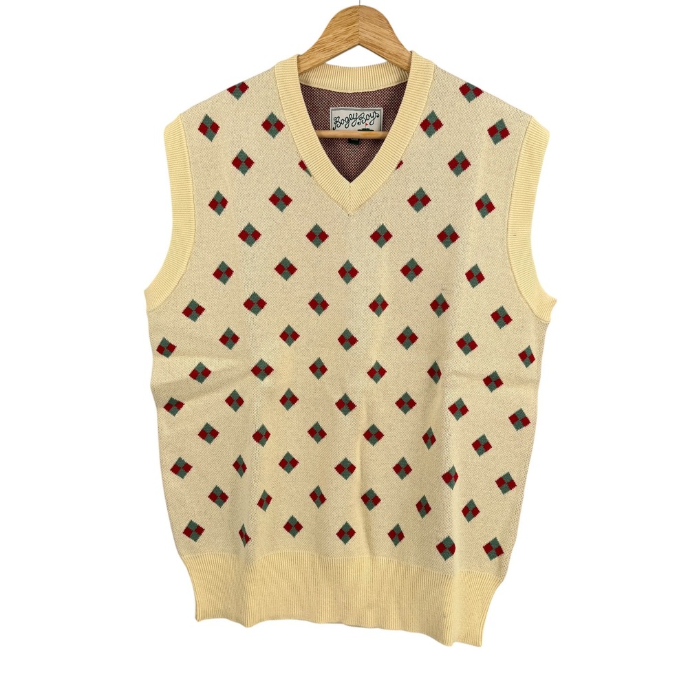 Bogey Boys Sweater Vest Mens Small Banana Cream Argyle‎ Golf Knit V-Neck New